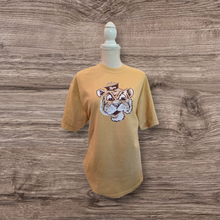 Load image into Gallery viewer, Unisex Comfort Color Mustard Short Sleeve Shirt with Full Distressed D Approx 8.5"