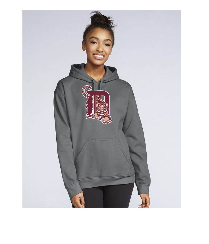 Soft Style Unisex 3 Color Tiger with the Old English D on the front at Approx. 8.75 Design Sport Gray